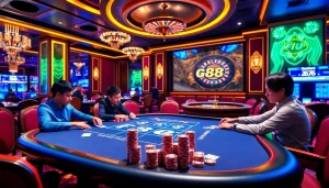 Engaged players at a Fun88 poker table, showcasing high-stakes action in a vibrant casino atmosphere.