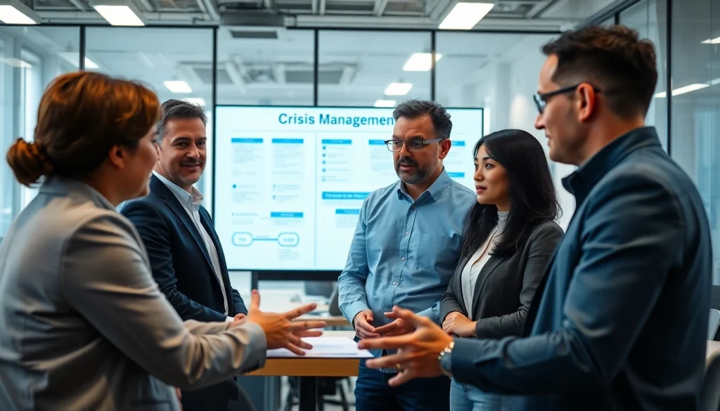 Crisis management consultant collaborating with a team to implement strategies effectively.