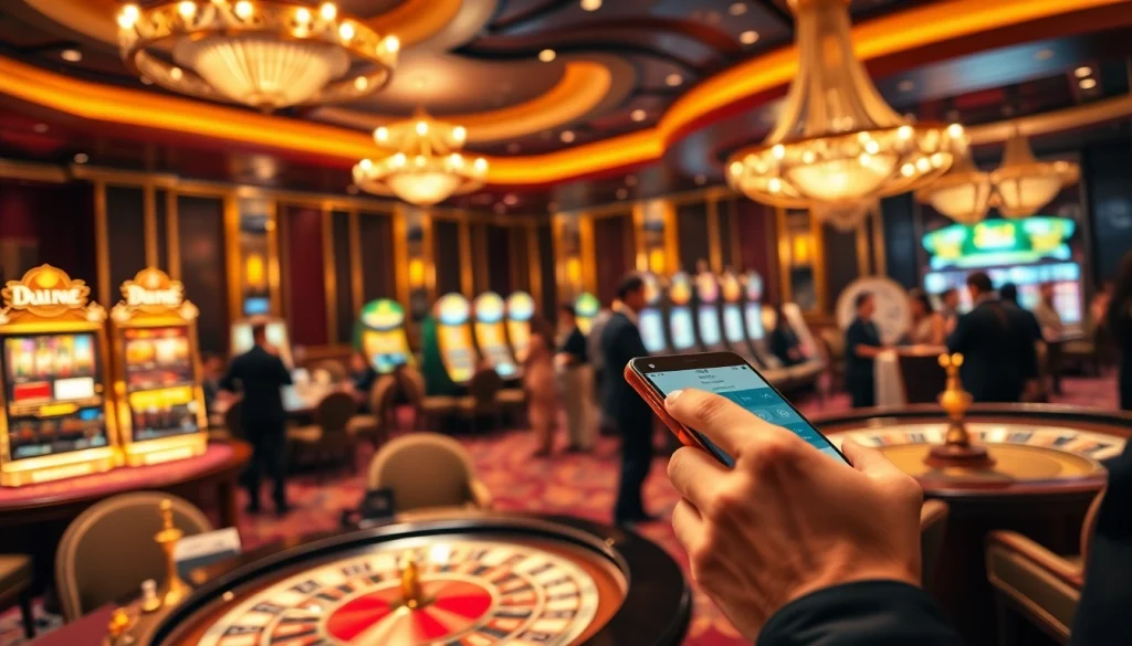 Engaging in 상품권소액결제 at a luxurious casino, showcasing modern payment methods and excitement.