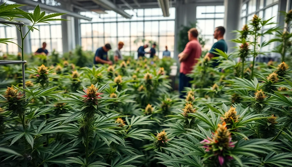 Legalisation canabis espagne: Cultivators working in a vibrant cannabis greenhouse.