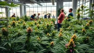 Legalisation canabis espagne: Cultivators working in a vibrant cannabis greenhouse.