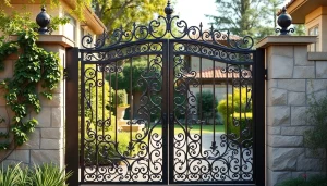 Elegant custom steel gates showcased in a welcoming garden, highlighting intricate designs and craftsmanship.