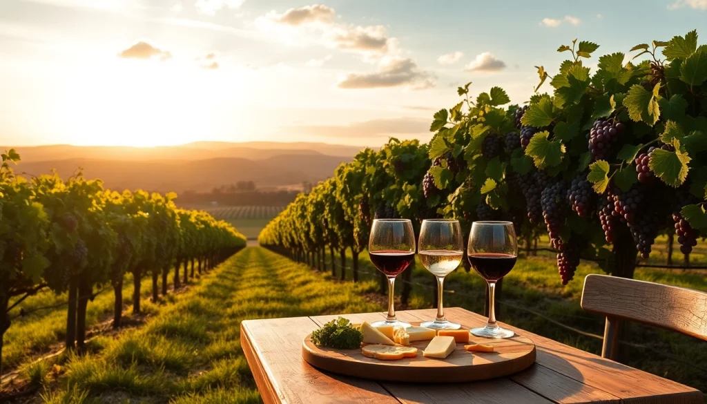 Experience wineries in Clarksburg with vibrant vineyard scenery and inviting wine tasting setup.