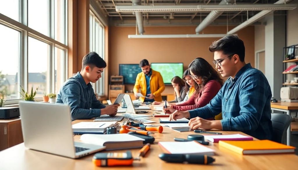 Students engaging in hands-on projects at abc trade school in a bright classroom setting.