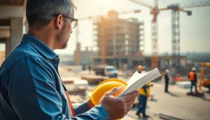 New Jersey Construction Manager supervising a construction site with blueprints and workers in action.