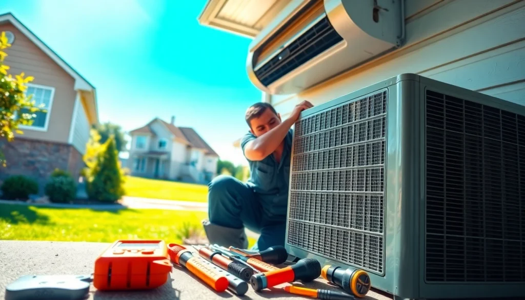 Technician providing ac repair glendale az service with tools in a residential setting.