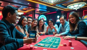 Players enthusiastically engage around the casino table, showcasing excitement as they bet on bl-555.io games.
