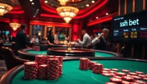 Experience the thrill of sh bet at a luxurious casino with a vibrant poker table and roulette wheel.