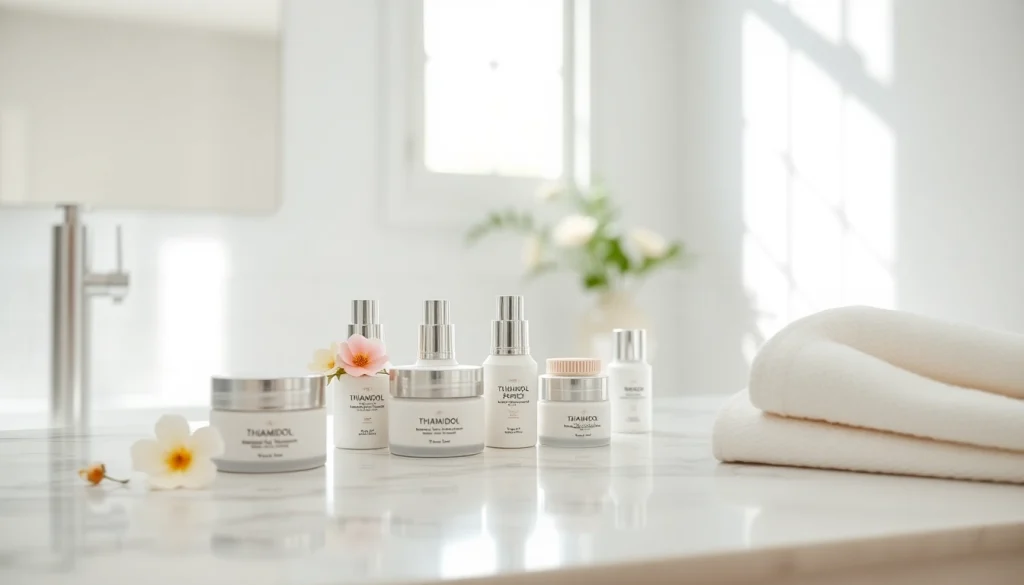 Hudvårdsrutin fokuserad på pigmentfläckar med eleganta produkter och en lugn badrumsmiljö.