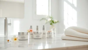 Hudvårdsrutin fokuserad på pigmentfläckar med eleganta produkter och en lugn badrumsmiljö.