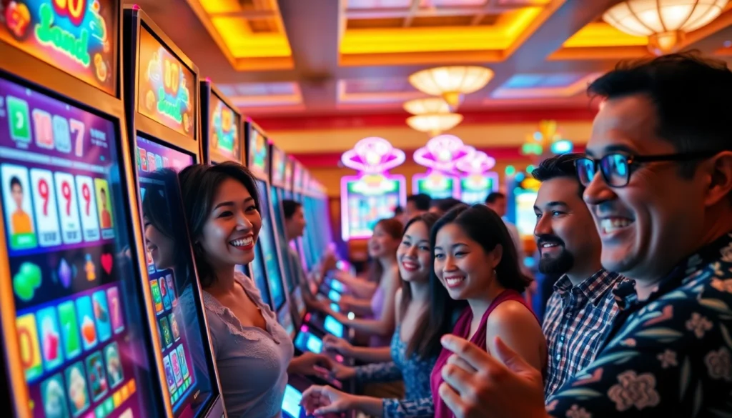 Permainan slot mahjong menarik perhatian pemain di kasino, dengan lampu berkilauan dan suasana meriah.