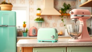 Showcase retro appliances like a mint-green fridge and pastel pink toaster in a cozy kitchen.