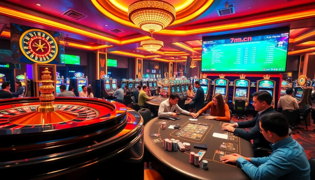 Engaged players at poker tables and roulette wheel showcasing excitement at 7m.cn live updates.