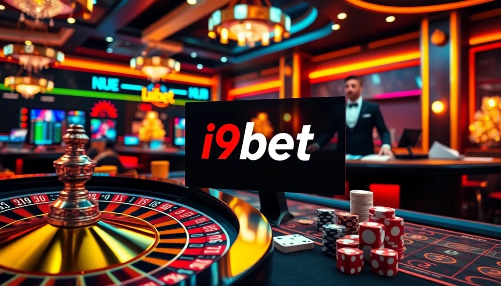 Exciting online gambling scene at i9bet featuring poker cards and roulette wheel.