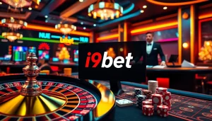 Exciting online gambling scene at i9bet featuring poker cards and roulette wheel.