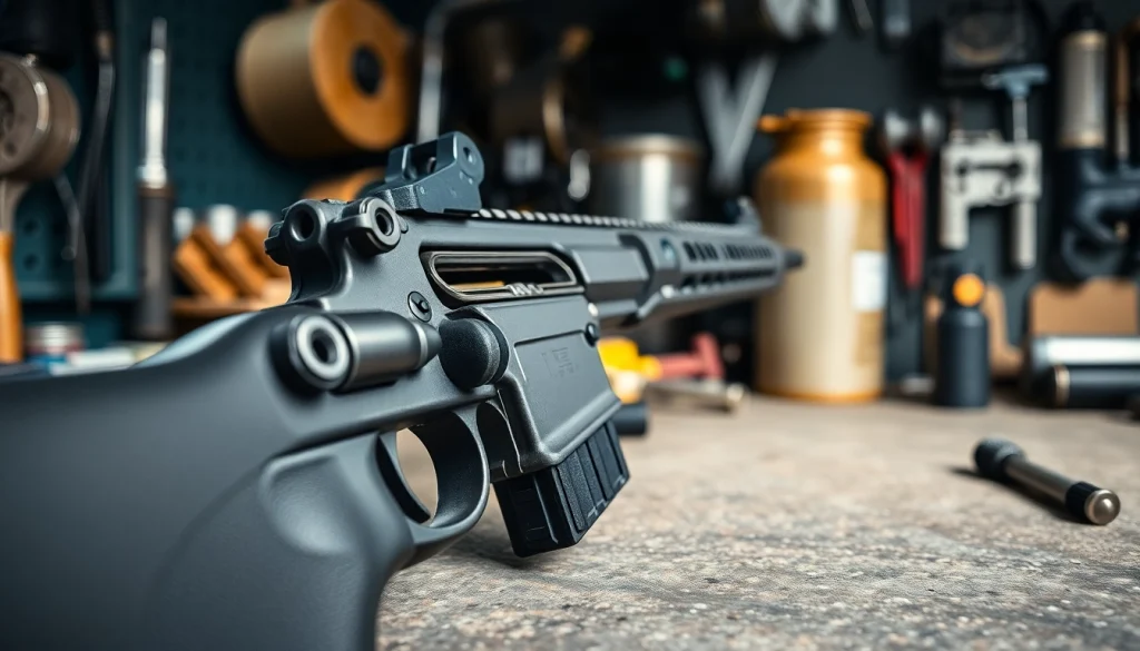 Showcasing an AR 15 trigger with intricate details in a professional workshop setting.