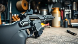 Showcasing an AR 15 trigger with intricate details in a professional workshop setting.