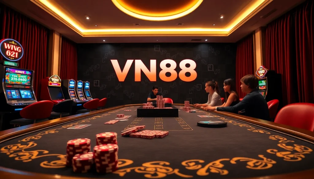 Players enjoying an exciting poker game at VN88 casino, emphasizing high stakes and luxury.