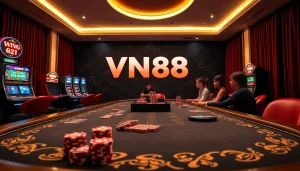 Players enjoying an exciting poker game at VN88 casino, emphasizing high stakes and luxury.