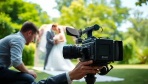 Videographer recording a wedding scene outdoors, showcasing dedication and artistry.