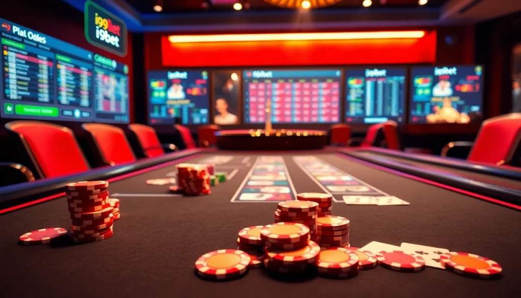 i9bet casino scene featuring vibrant poker table action and roulette excitement.