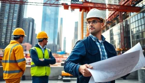 New York City General Contractor managing a bustling construction site with blueprints.