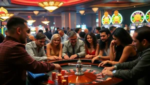 Players enjoying poker excitement at new 66 casino, surrounded by colorful chips and bright lights.