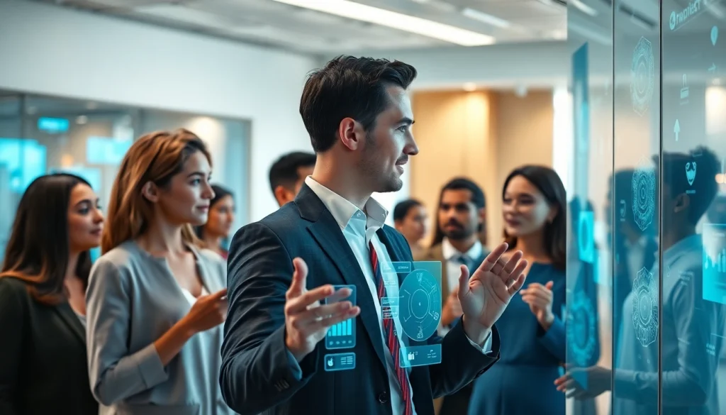 Showcasing human interface with AI through vibrant digital collaboration in a modern workspace.