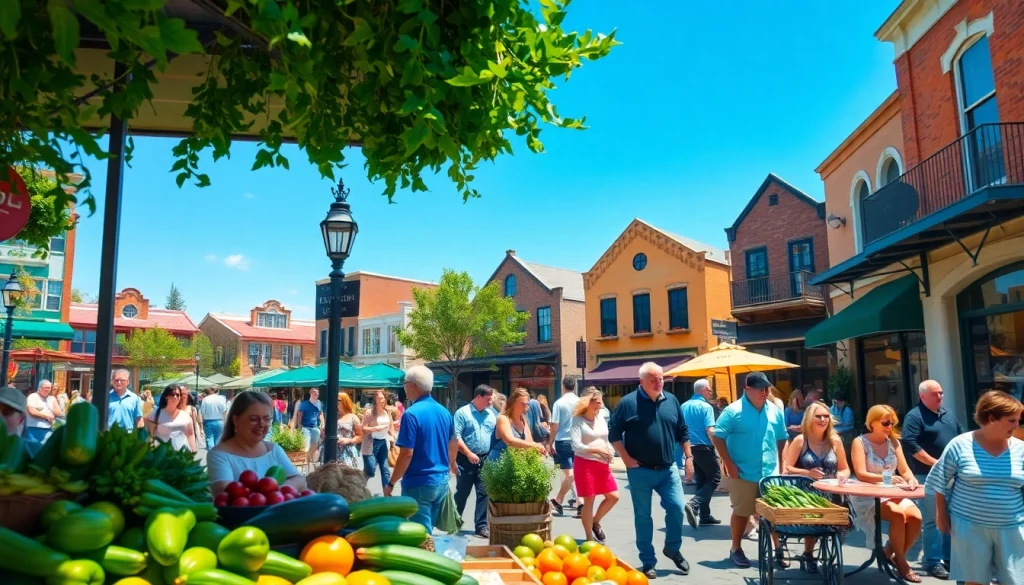 Clarksburg's lively downtown with bustling street life and colorful market stalls.