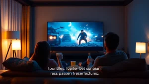 Engaging scene of people watching filme online subtitrate in a cozy living room, subtitles in Romanian.