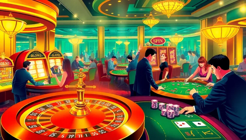 Gamblers enjoying high-stakes games at a luxurious casino featuring 여기여, focused on excitement and strategy.