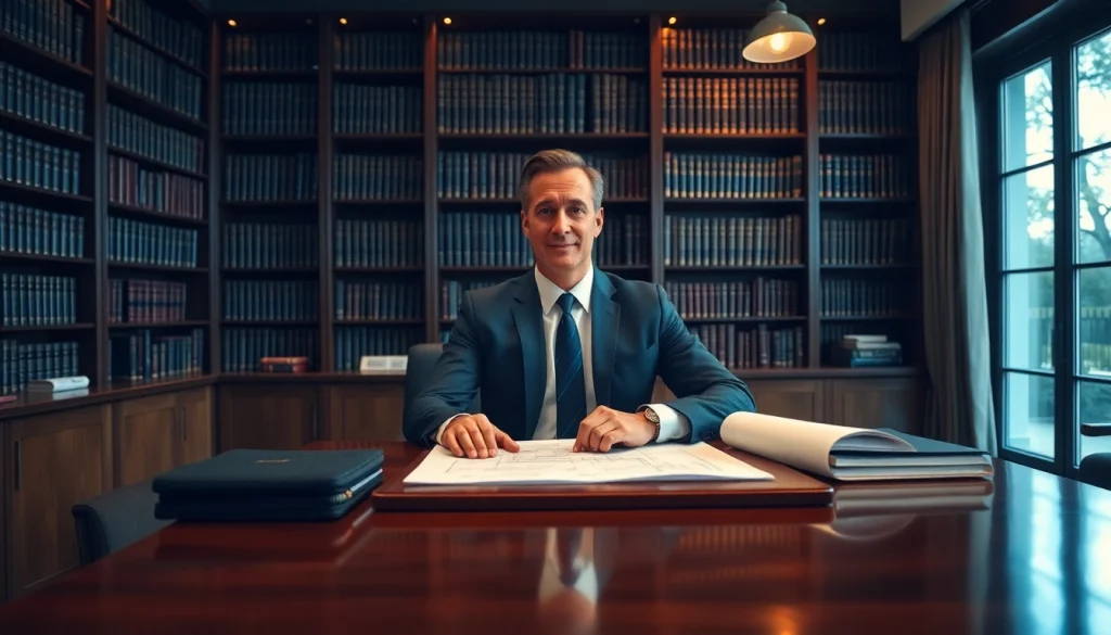 Real estate lawyer discussing legal documents in a sophisticated office.