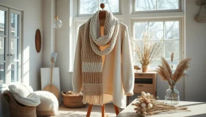 Showcase exquisite hand-knitted luxury clothing from https://www.ound-ound.com in a warm and inviting studio.