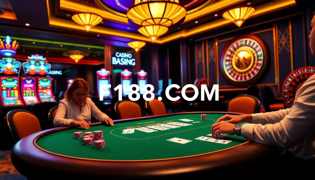 Experience high-stakes gambling at F168.COM with vibrant poker games and luxurious casino elements.