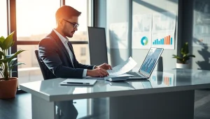 Biuro rachunkowe dla firmy budowlanej prezentujące profesjonalnego księgowego w nowoczesnym biurze, podkreślające kompetencje finansowe w budownictwie.