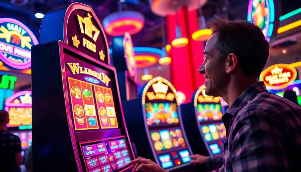 Menggambarkan pengalaman bermain slot depo 1k di mesin slot modern dengan pemain yang bersemangat.