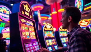 Menggambarkan pengalaman bermain slot depo 1k di mesin slot modern dengan pemain yang bersemangat.