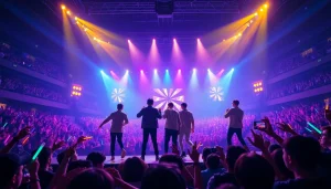 BTS news highlights dynamic concert performance with vibrant lights and enthusiastic crowd.