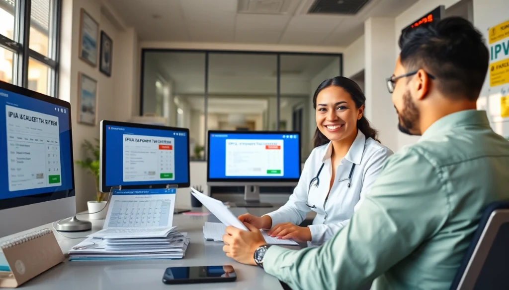 IPVA GO payment consultation at a professional tax office, showcasing modern systems.
