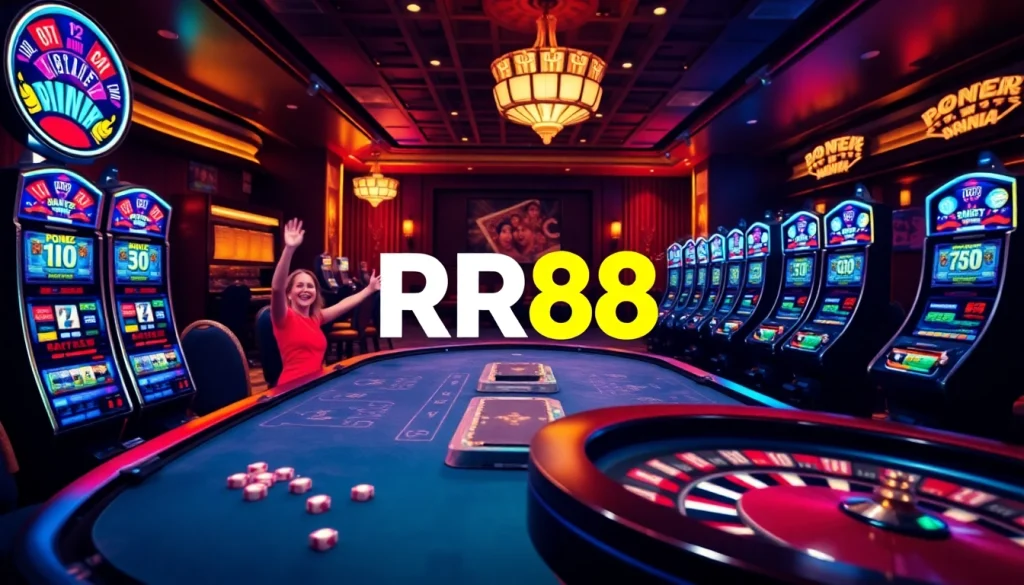 Players enjoying a thrilling poker game at RR88's online casino, showcasing excitement and luxury.