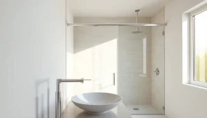 Elegant shower doors featured in a modern minimalist bathroom, showcasing clarity and style.