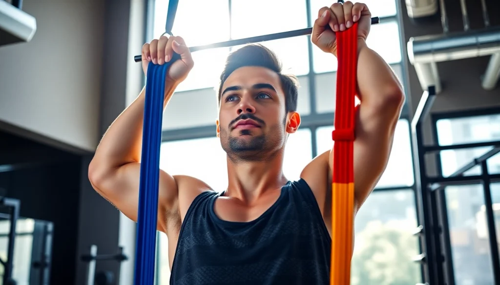 Fitness enthusiast using pull-up assist bands for effective workouts in a vibrant gym.