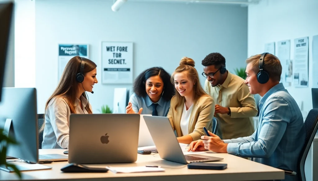 Helpdesk support team discussing solutions in a bright, modern office setting.