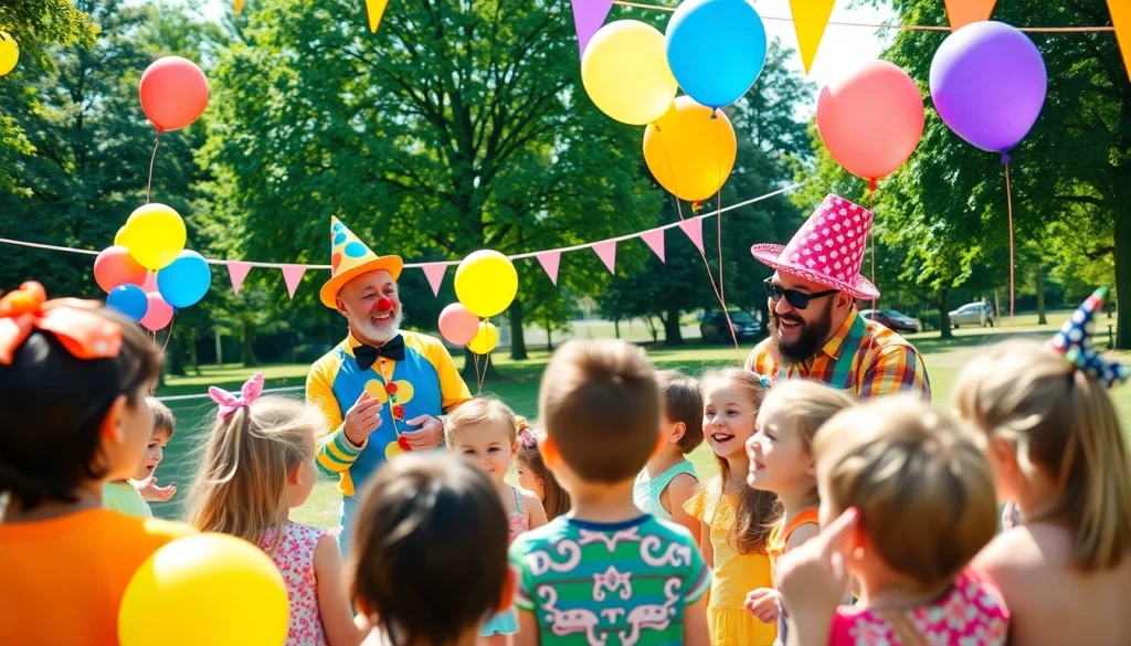 Birthday party entertainers delighting children with magic and fun at a vibrant outdoor event.