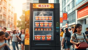 Cup noodle vending machine with various colorful options and hot water dispenser in a vibrant urban setting.