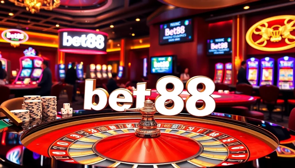 Experience the thrill of gambling at Bet88 with vibrant casino visuals showcasing roulette and poker.