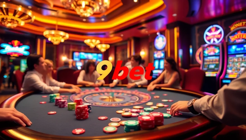 Players enjoying an exciting game of poker in a vibrant casino scene featuring 9bet elements.