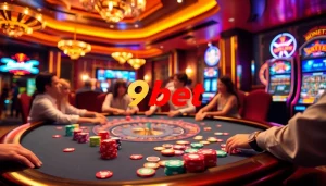 Players enjoying an exciting game of poker in a vibrant casino scene featuring 9bet elements.