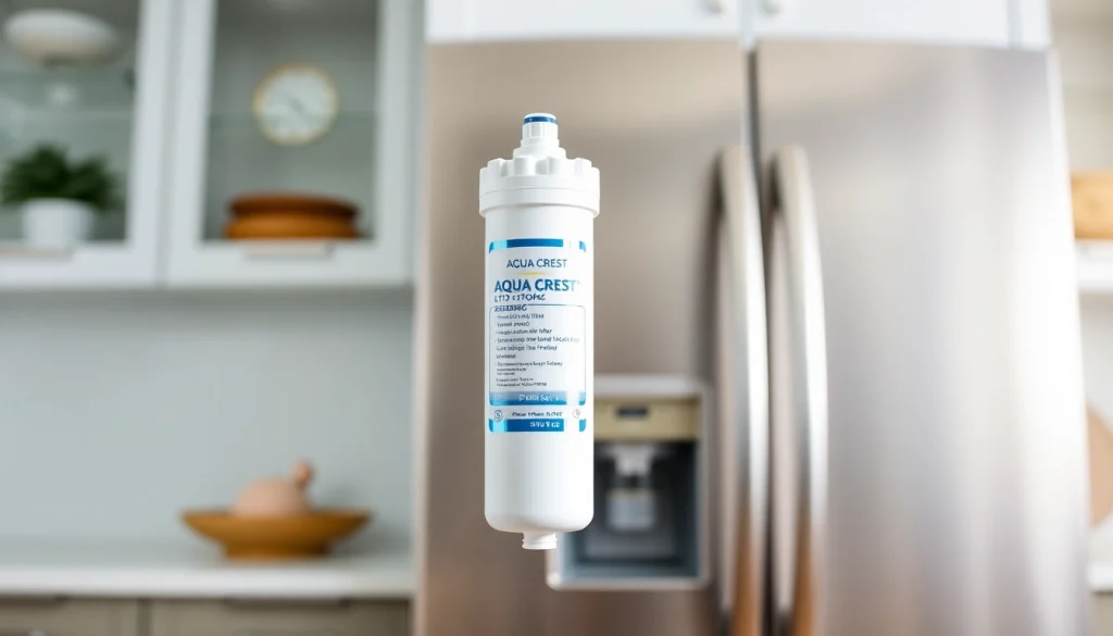 AQUA CREST LT1000PC ADQ747935 Refrigerator Water Filter and Air Filter showcased in a modern kitchen setting, highlighting its sleek design.