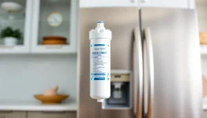 AQUA CREST LT1000PC ADQ747935 Refrigerator Water Filter and Air Filter showcased in a modern kitchen setting, highlighting its sleek design.